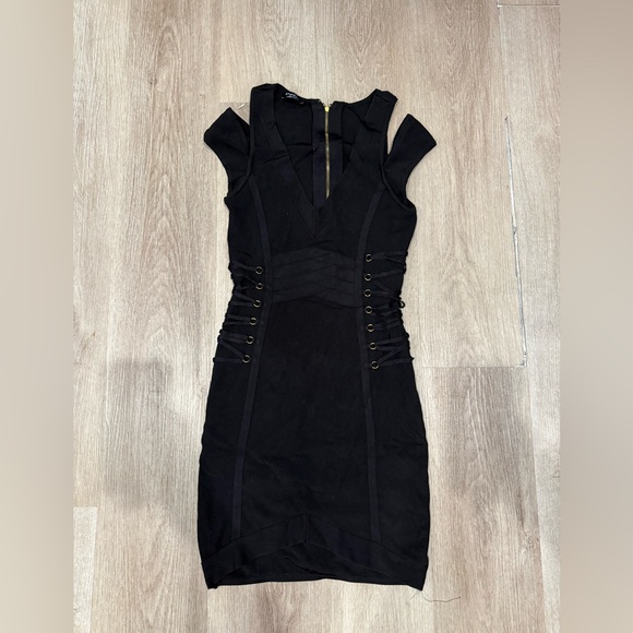 Bebe Black Corset Lace Up Bandage Mini Dress Gold Zipper Size S - Picture 5 of 6